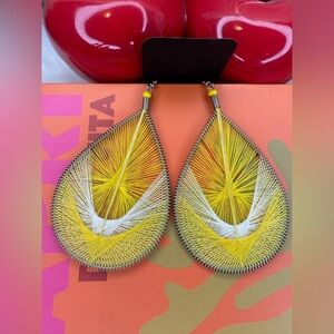 Yellow and White Thread Teardrop Earrings